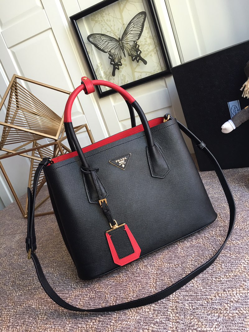 Prada Double Saffiano Leather Bag Shoulder Bag Black/Red 1BG775